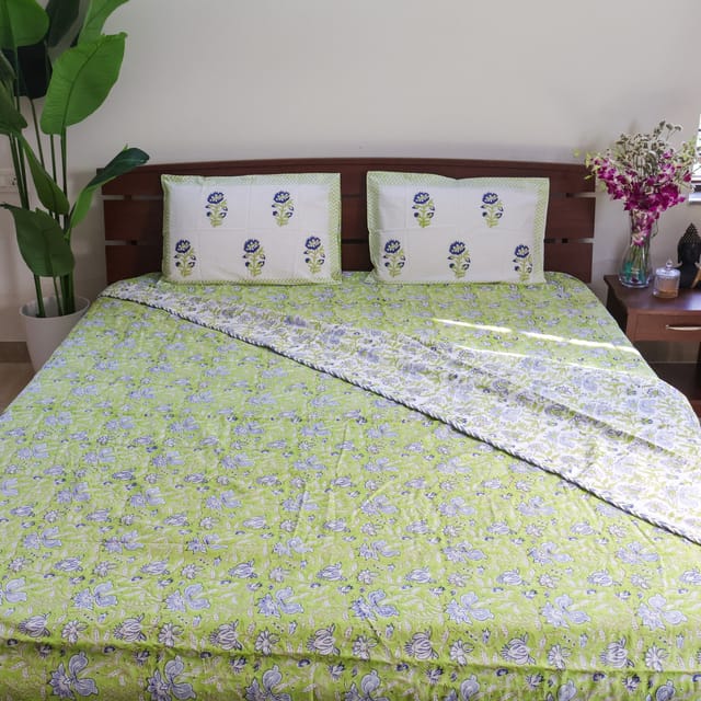 Handblock Premium Percale -White and Green Dohar