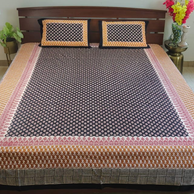 Midnight Blossom Kalamkari-Black & Mustard
