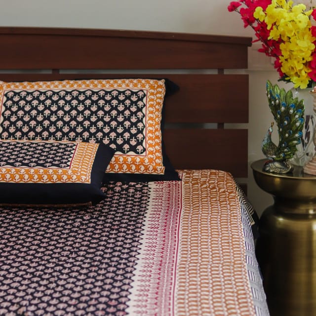 Midnight Blossom Kalamkari-Black & Mustard