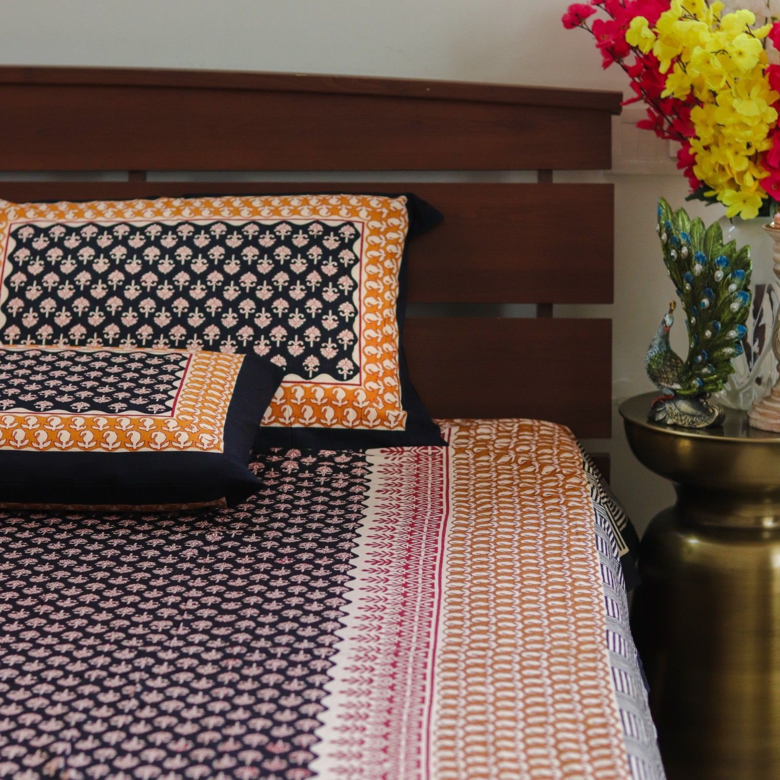 Midnight Blossom Kalamkari-Black & Mustard