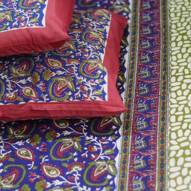 Kalamkari Paisley big - Blue with Elephant Border