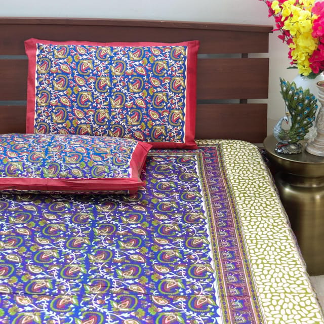 Kalamkari Paisley big - Blue with Elephant Border