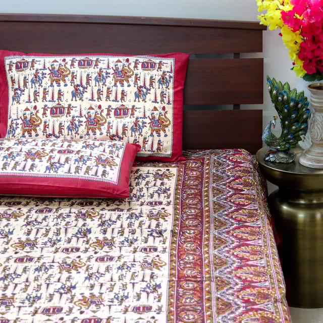 Warli Art Bedsheet-Red