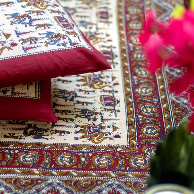 Warli Art Bedsheet-Red