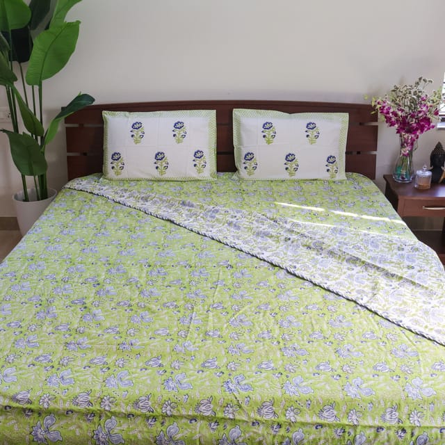Handblock Premium Percale -White and Green Dohar