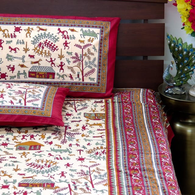 Warli Art Bedsheet- Multi-Coloured
