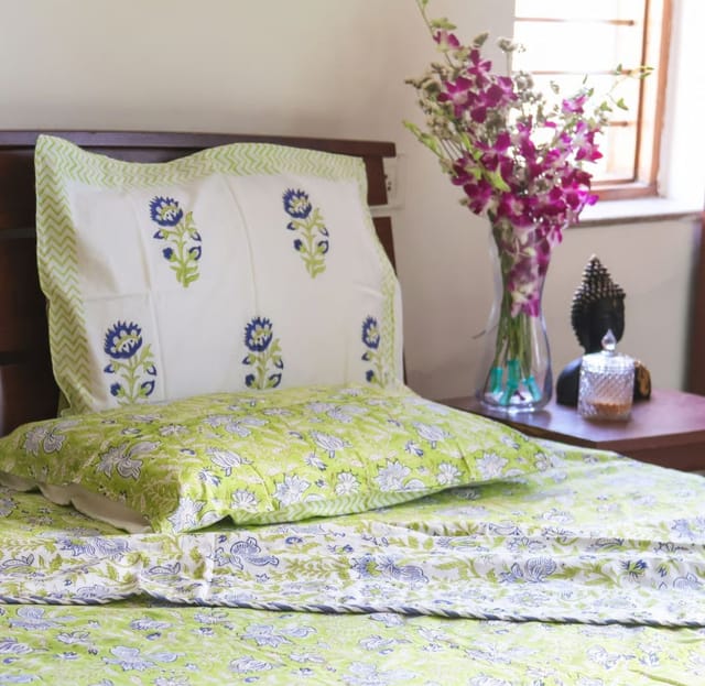 Handblock Premium Percale -White and Green Dohar