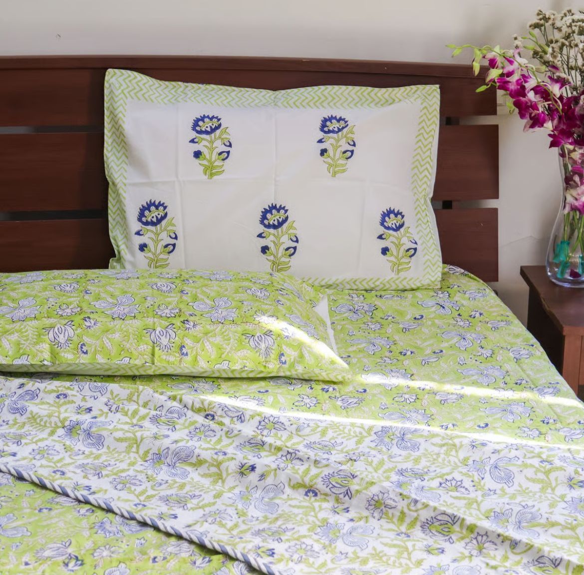 Handblock Premium Percale -White and Green Dohar