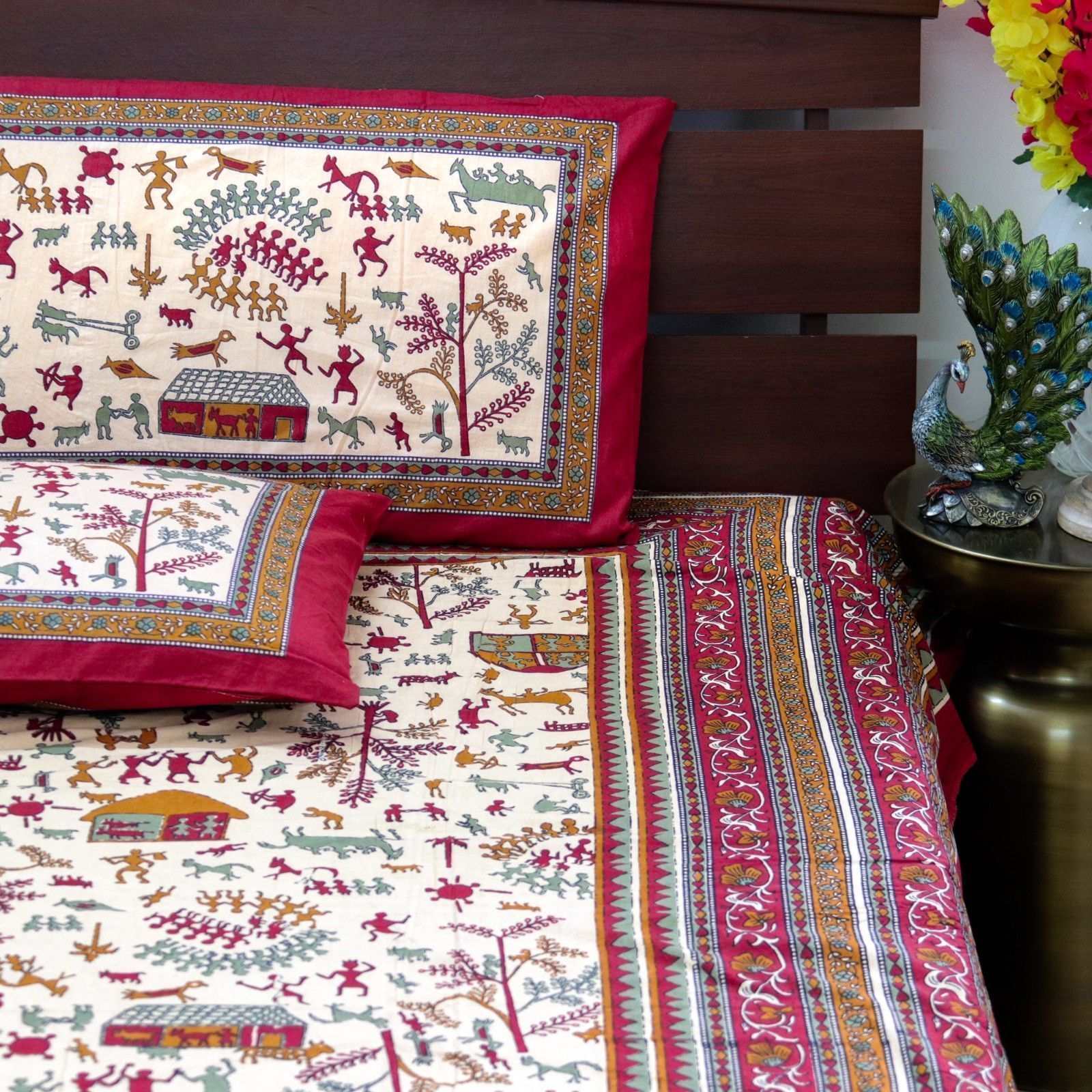 Warli Art Bedsheet- Maroon