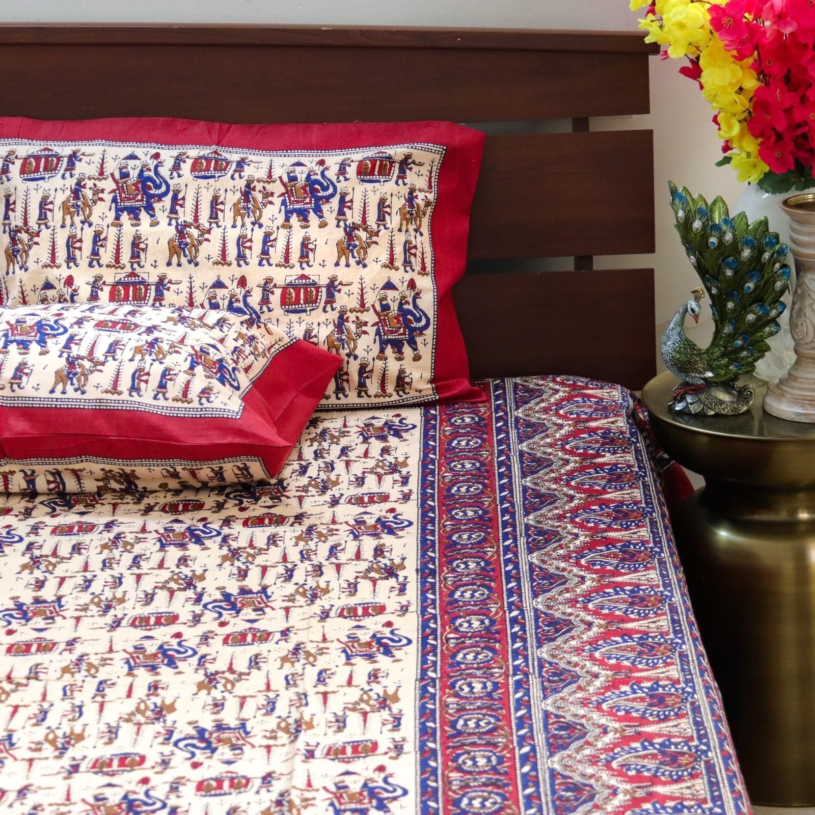 Warli Art Bedsheet-Red and  Blue