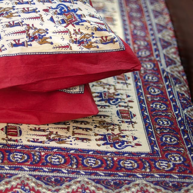 Warli Art Bedsheet-Red and  Blue