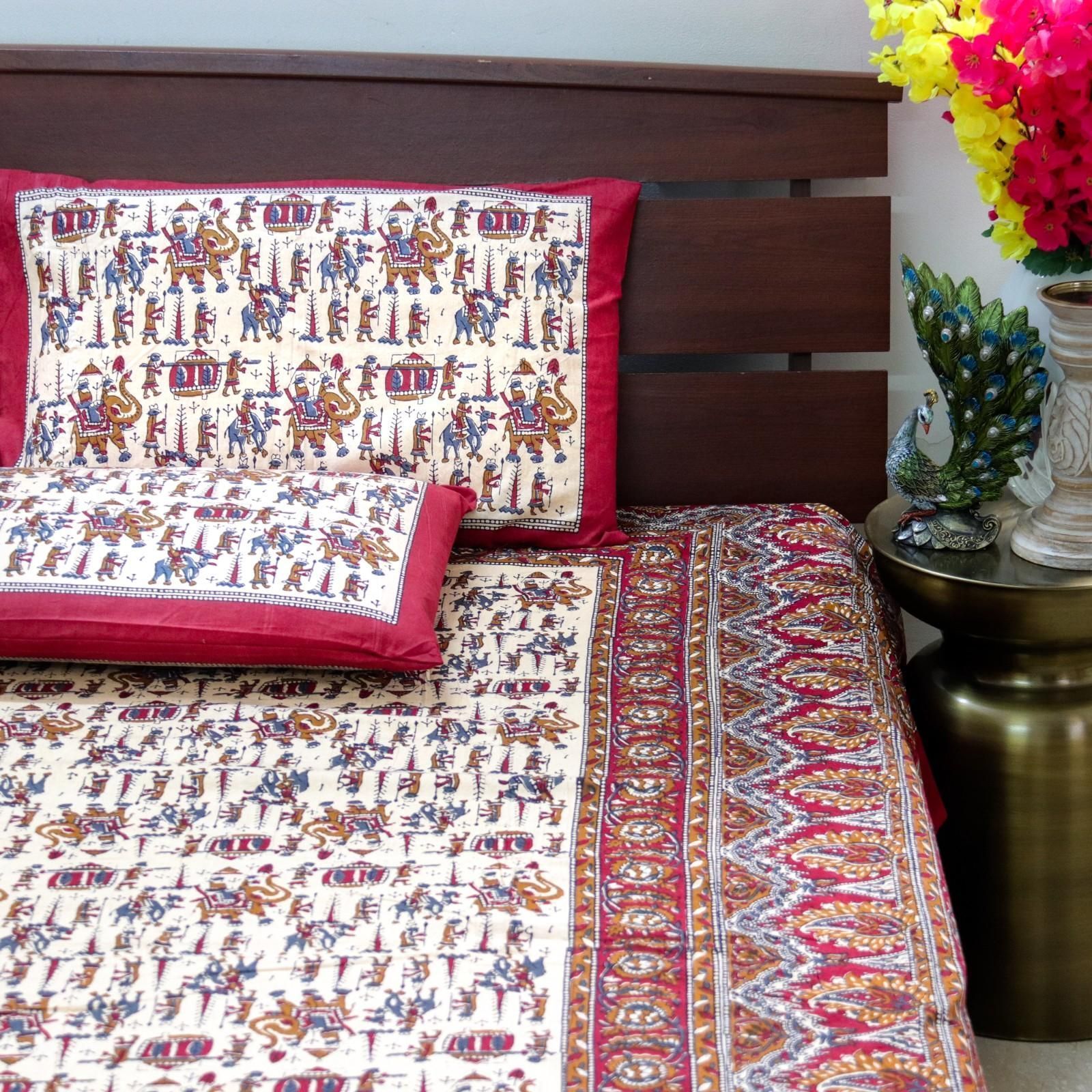 Warli Art Bedsheet-Red and Mustard