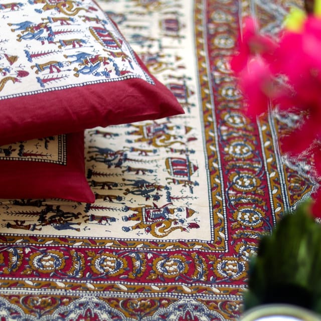 Warli Art Bedsheet-Red and Mustard