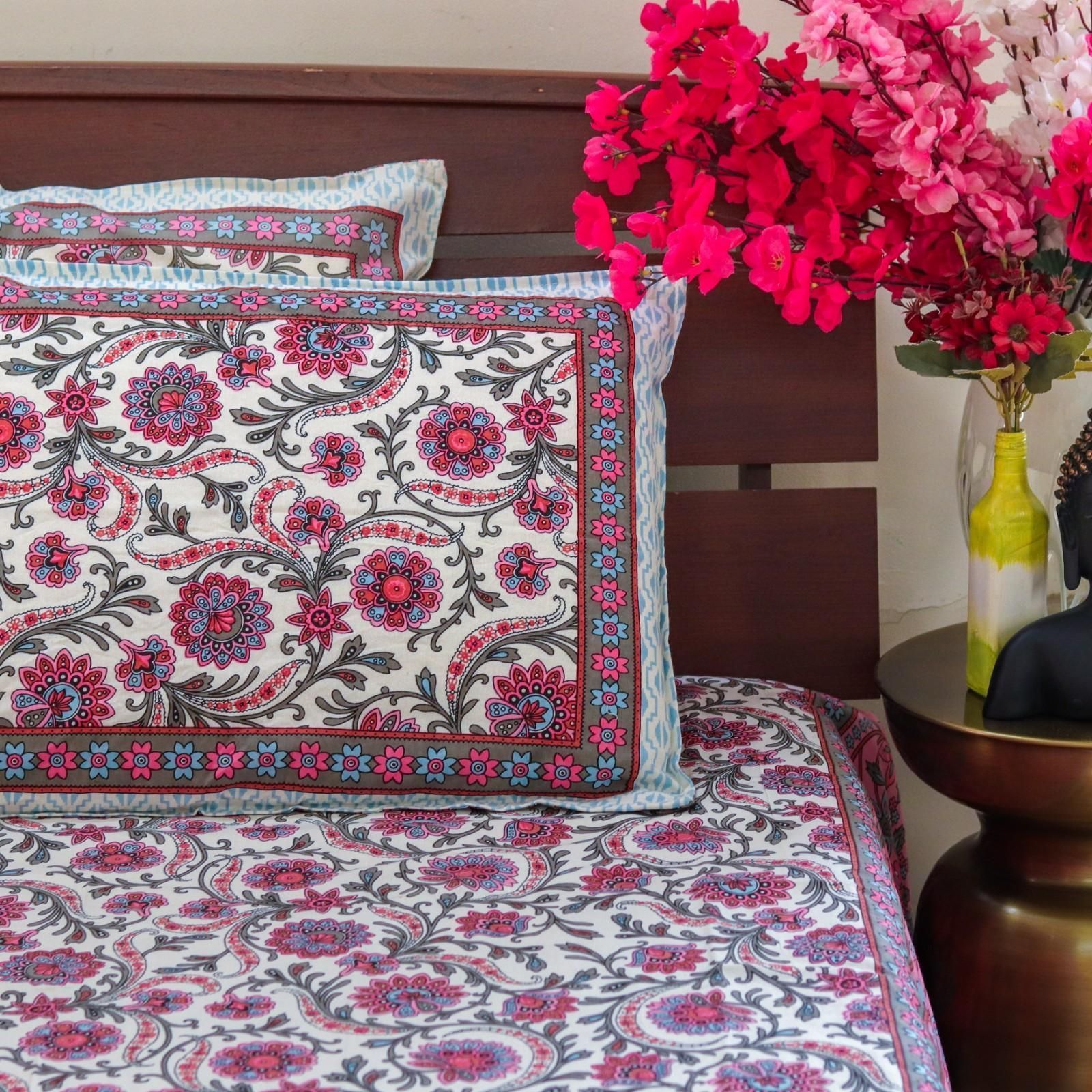 Jaal Floral Bedsheet-Pink & Blue