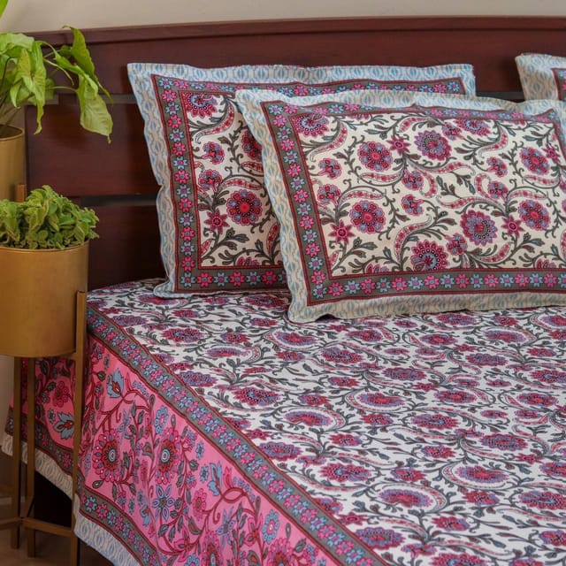 Jaal Floral Bedsheet-Pink & Blue