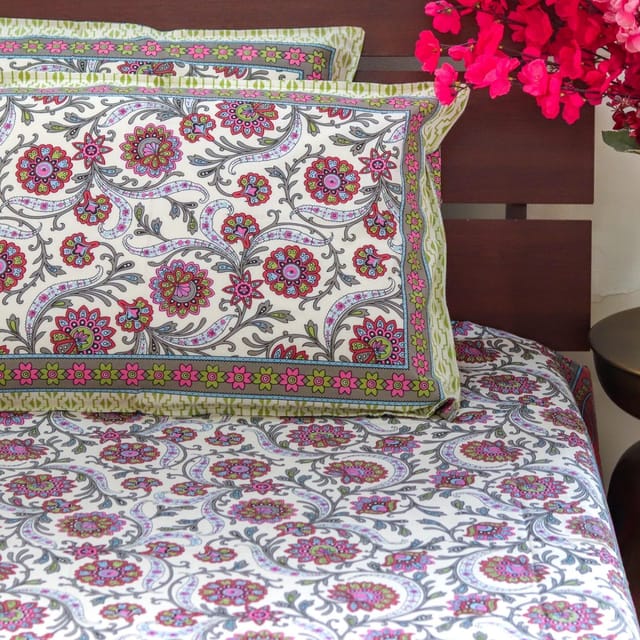 Jaal Floral Bedsheet-Pink & Yellow Jaal Floral Bedsheet-Pink & Yellow