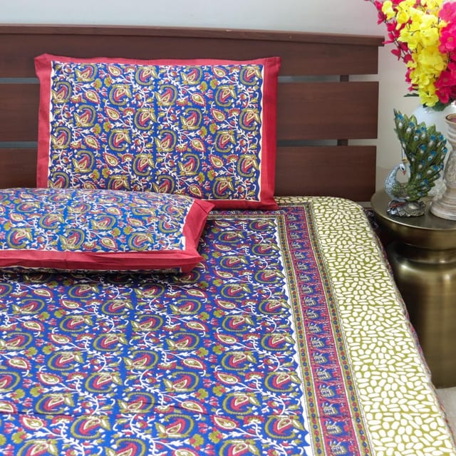 Kalamkari Paisley groot - Blou met Olifantrand